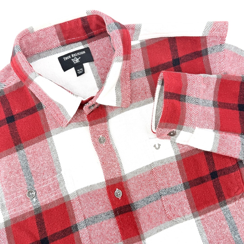 True Religion Flannel Shirt Mens XL Red White Plaid Good Long Sleeve Button Down
